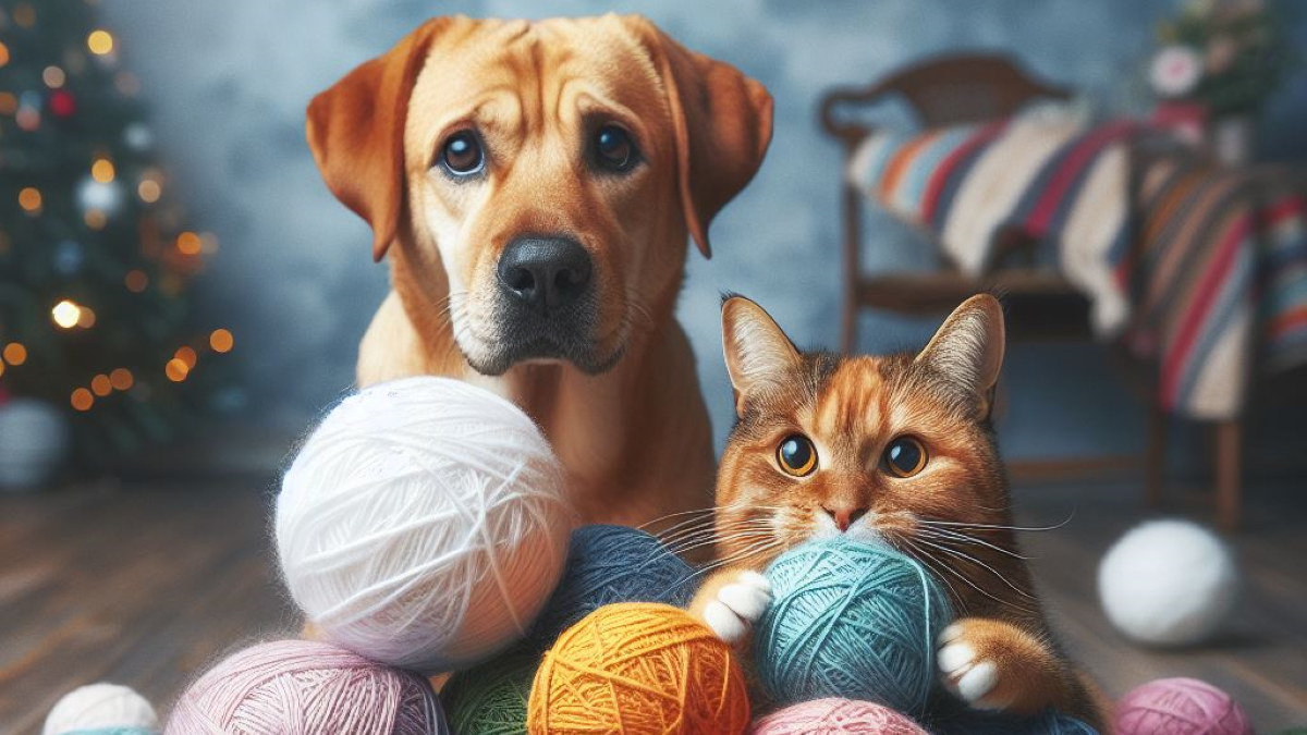Gato e cachorro brincando com novelos de lã