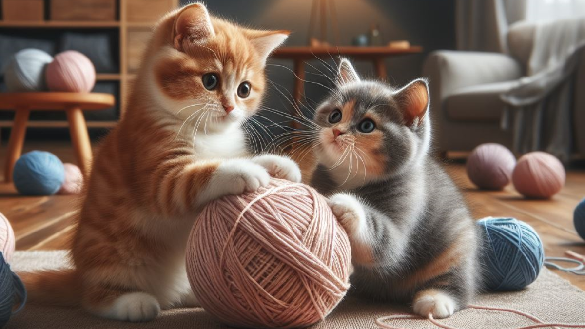 Gatos brincando com novelos de lã