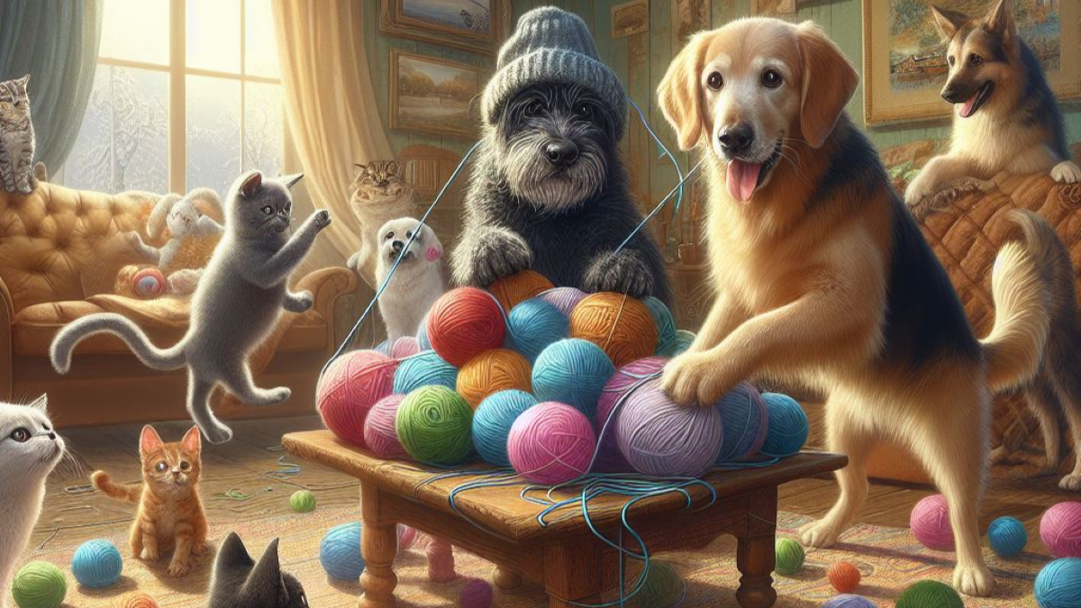 Gatos e cachorros se divertindo com novelos de lã