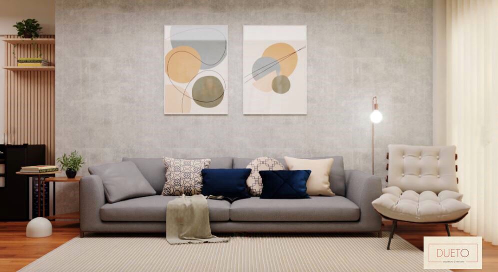 Decoração online - Sala pintada com cimento queimado