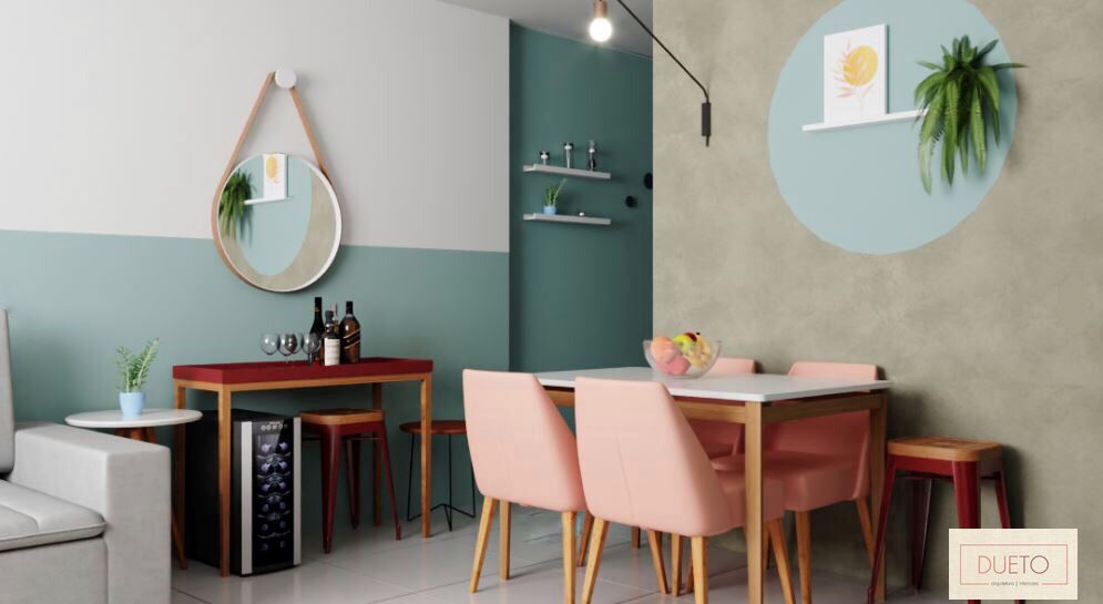 Decoração online - Sala com mesa e cadeiras rosas