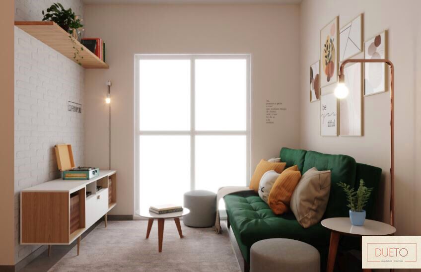 Decoração online - Sala com sofa verde