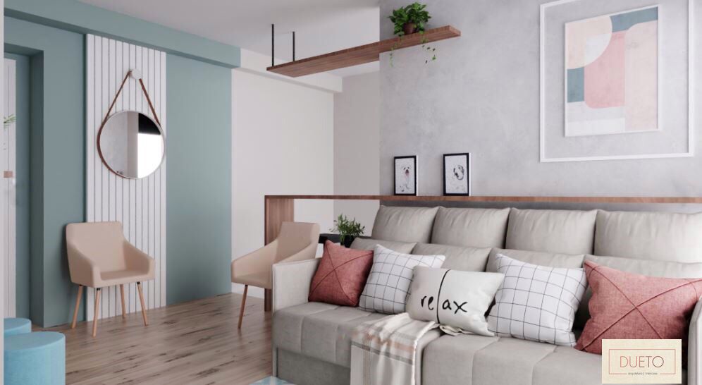 Decoração online - Sala com espelho redondo
