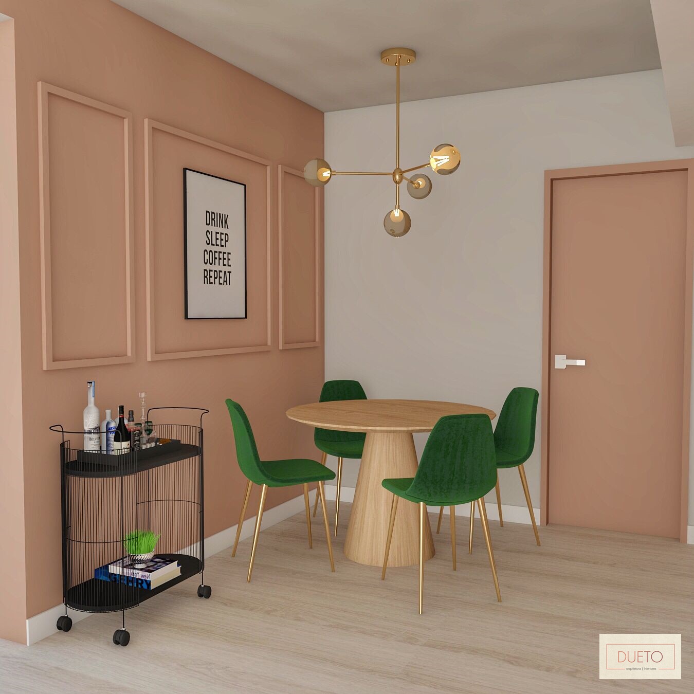 Decoração online - Sala com cadeiras verdes e boiserie
