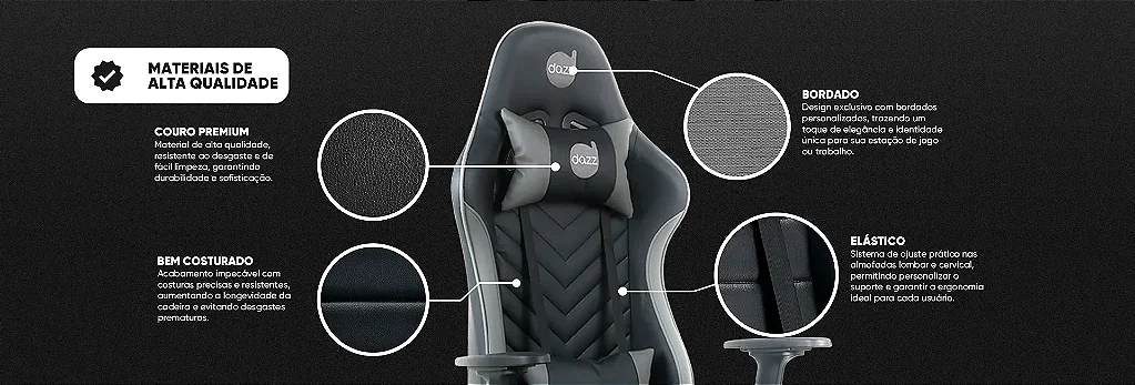 Detalhes do revestimento, costuras e almofadas da Dazz Elite Pro