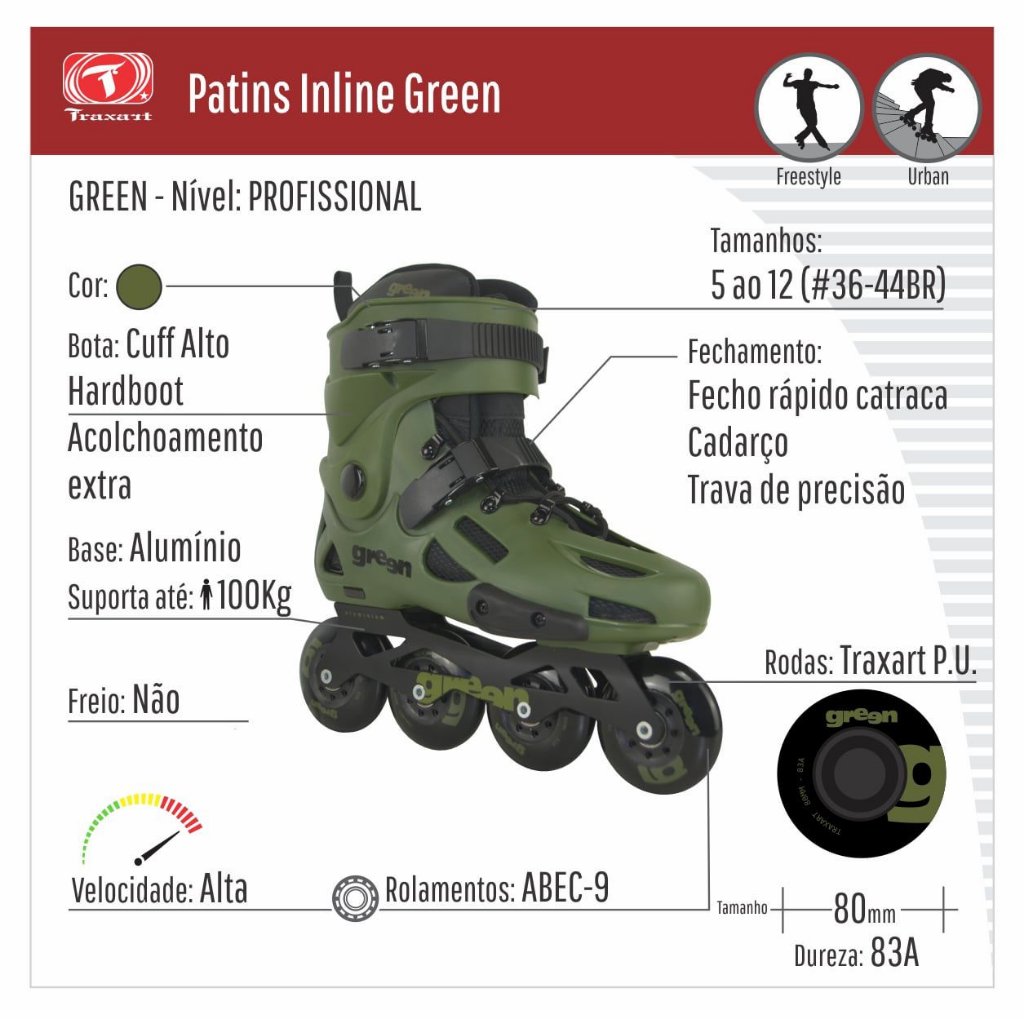 Patins Traxart Green (freestyle/urbano) 80mm 85a - CrazyInRollerS Skate Shop