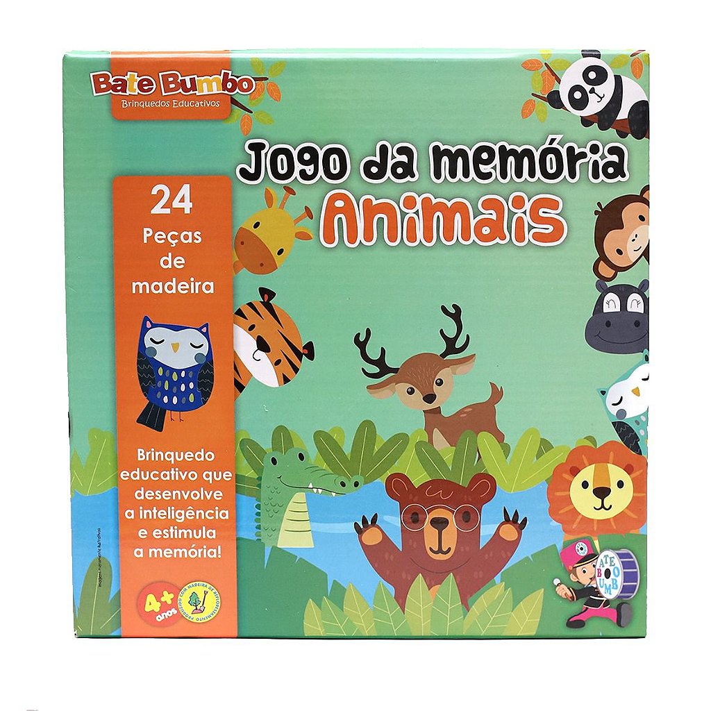 Jogo da Memória Animais 24 peças em MDF Brinquedo Educativo e