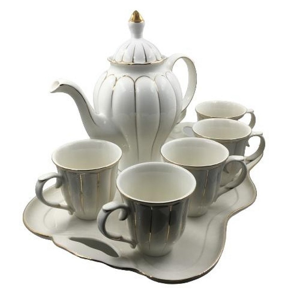 jogo de chá dourado com bule de chá de bandeja e copos no estilo