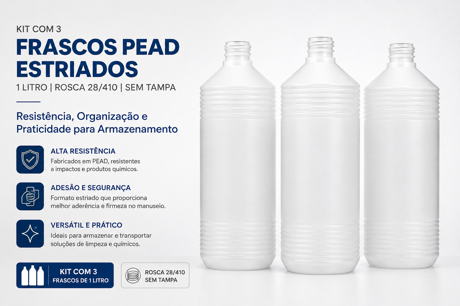 Kit 3 Frascos PEAD Estriados 1 Litro Rosca 28/410 Sem Tampa
