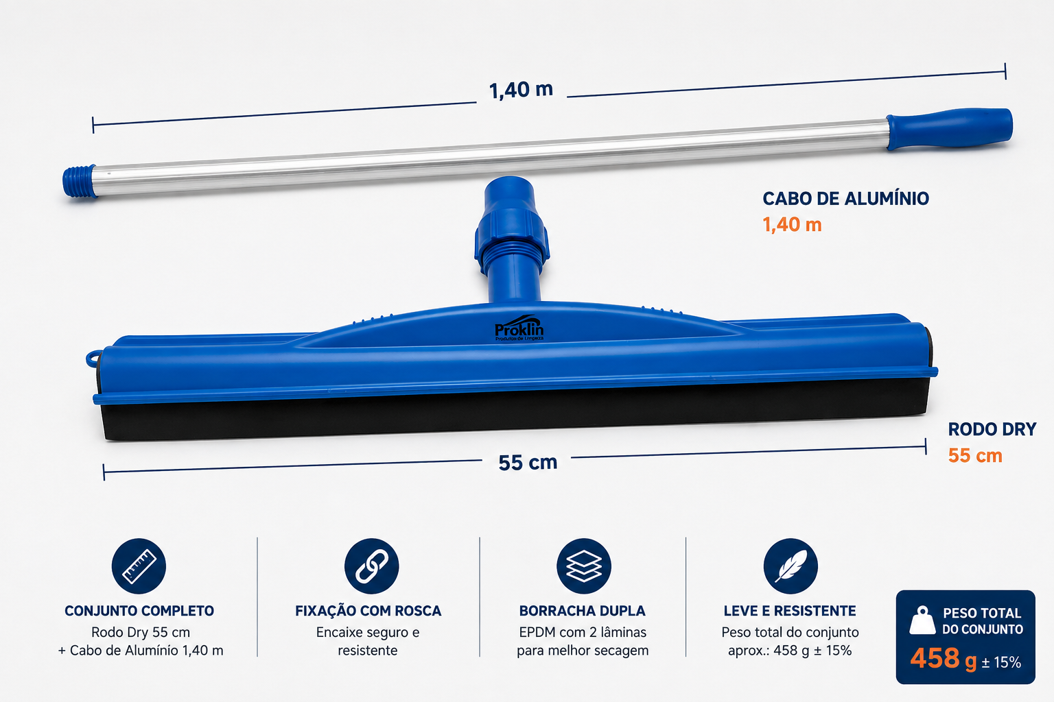 Rodo Dry Azul 55 cm Proklin com Cabo de Alumínio 1,40 m