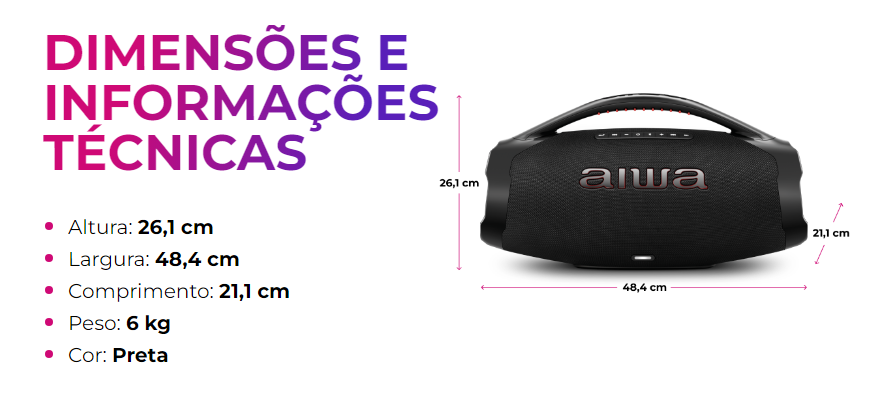 Dimensões da caixa se som bombox