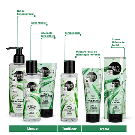 Foto do Produto Kit Limpeza + Tonificação + Hidratação Facial Completa Organic Shop - Aloe Vera + Abacate