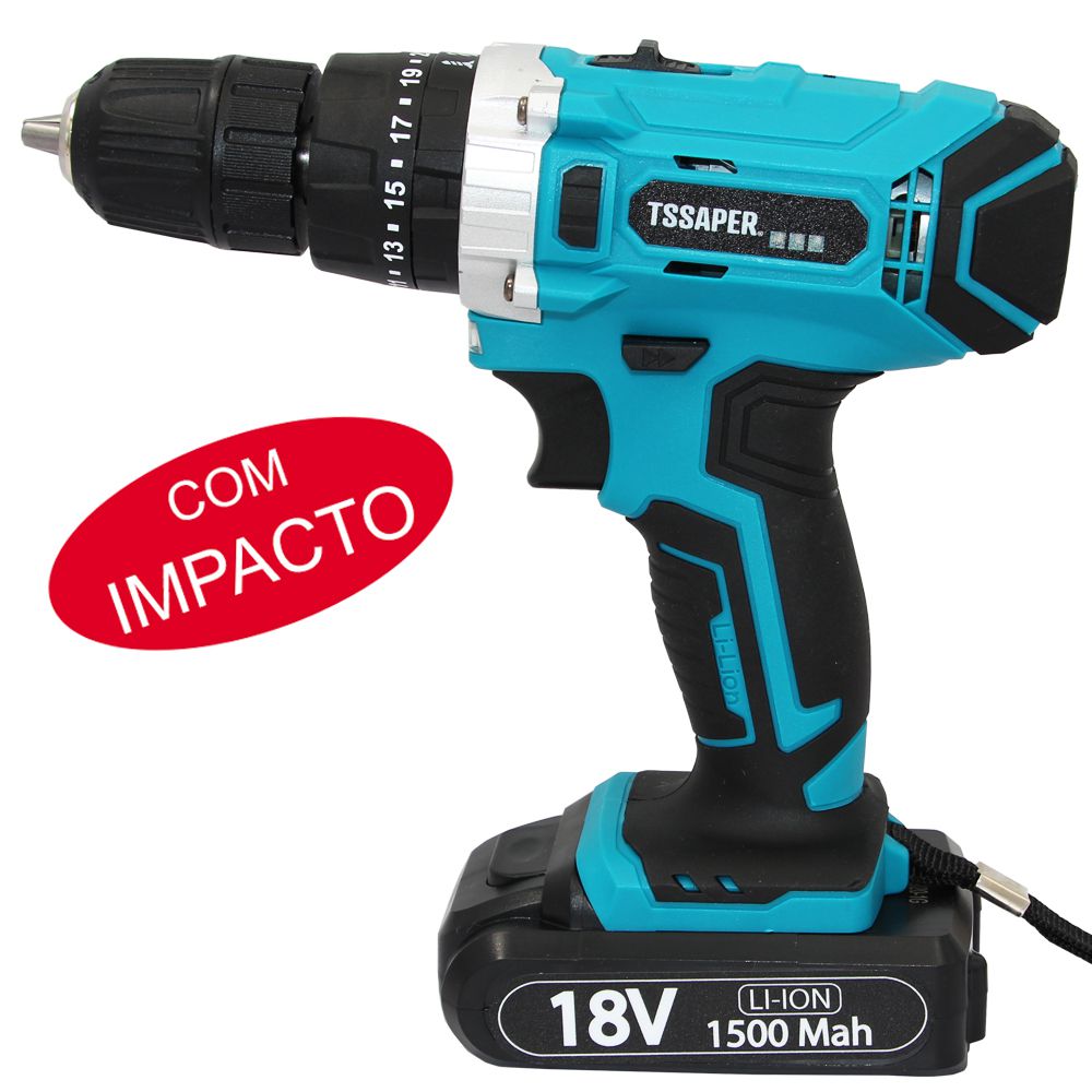 Furadeira Parafusadeira com impacto 3/8 Bateria 18v Com Acessórios