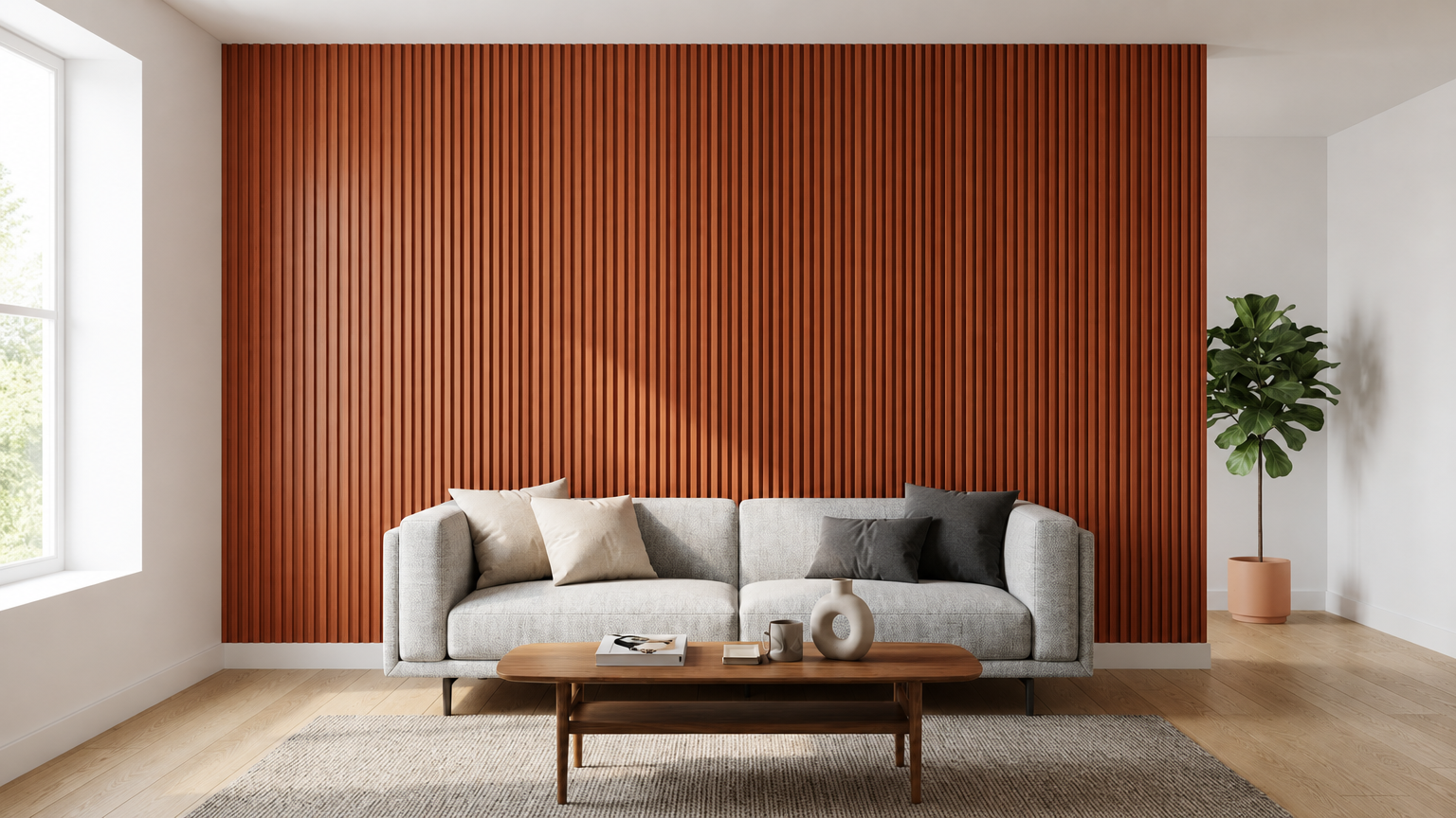Parede finalizada com Painel Ripado WPC Mogno e acabamento limpo
