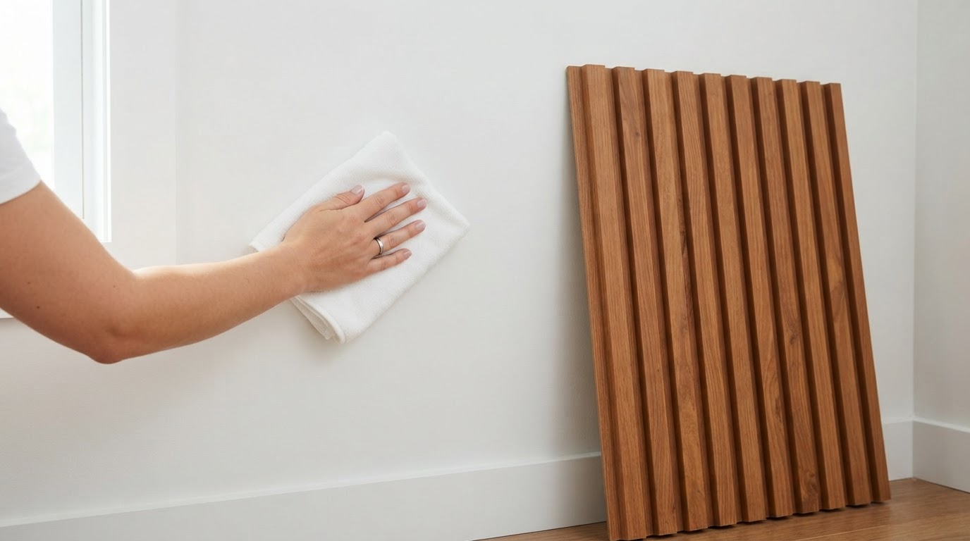 Parede interna sendo preparada antes da instalação do Painel Ripado WPC Mogno