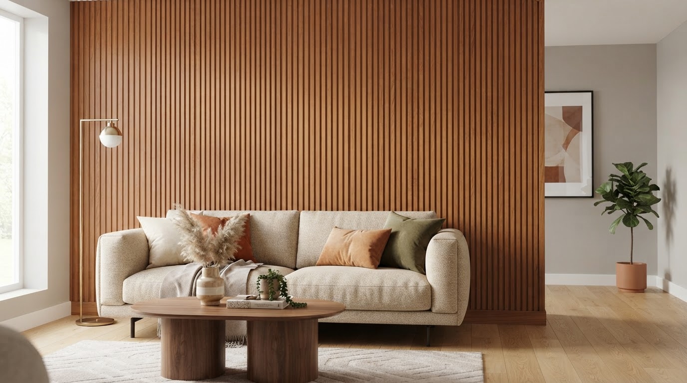Parede finalizada com Painel Ripado WPC Mogno e acabamento limpo