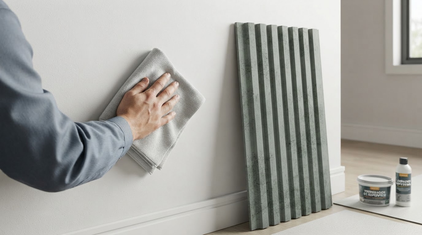 Parede interna sendo preparada antes da instalação do Painel Ripado WPC Concreto Cinza