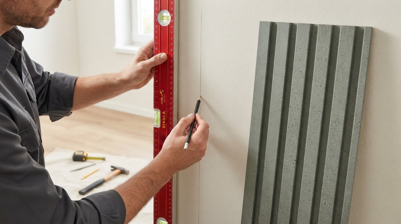 Nível sendo usado para marcar o alinhamento vertical do painel ripado