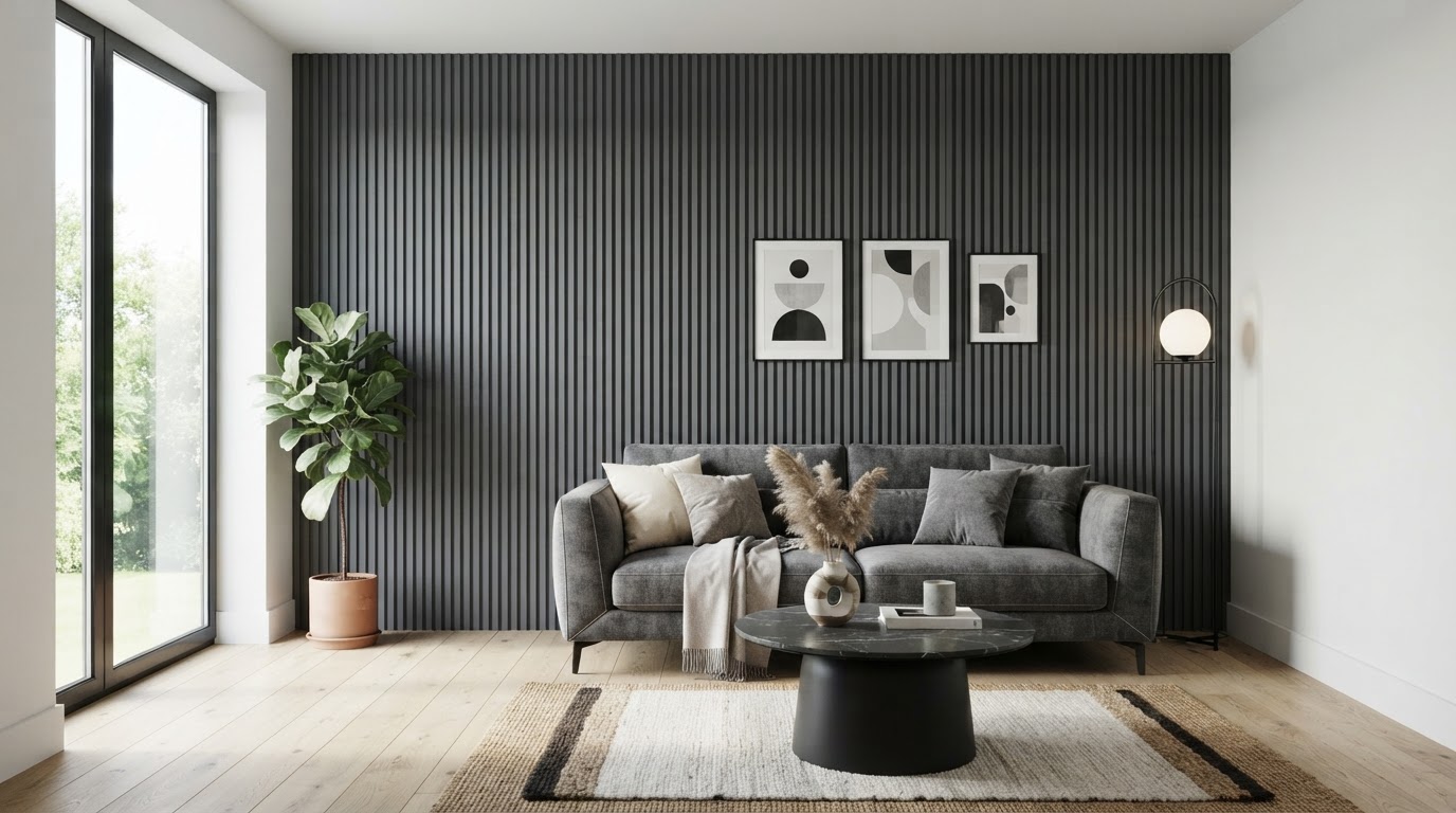 Parede finalizada com Painel Ripado WPC Concreto Cinza e acabamento limpo