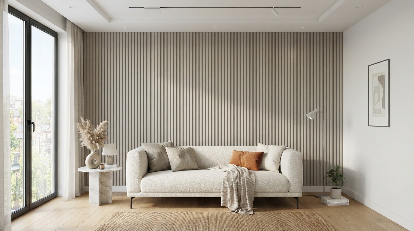 Parede finalizada com Painel Ripado WPC Fendi e acabamento limpo