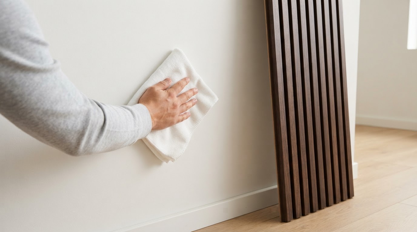 Parede interna sendo preparada antes da instalação do Painel Ripado WPC Imbuia