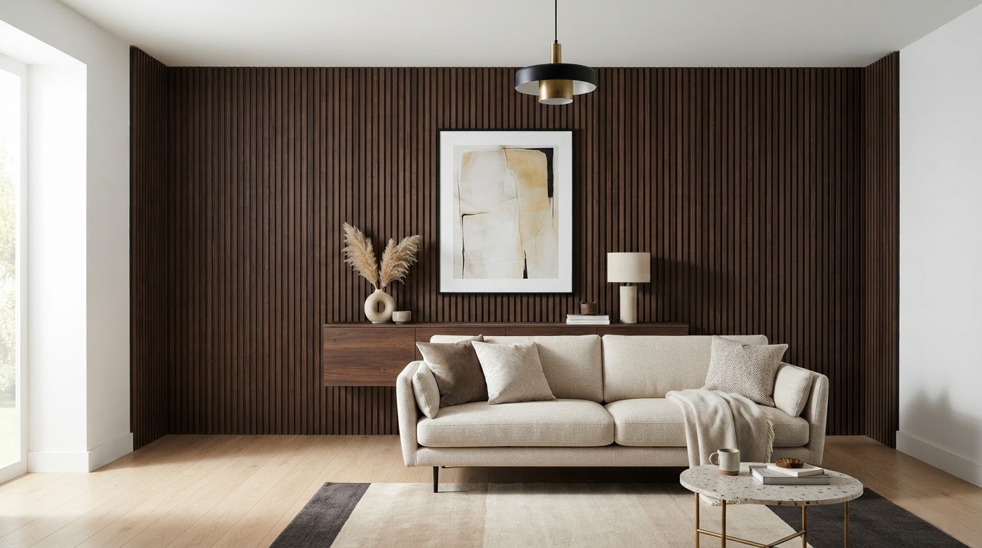 Parede finalizada com Painel Ripado WPC Imbuia e acabamento limpo