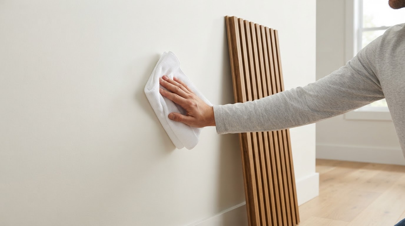 Parede interna sendo preparada antes da instalação do Painel Ripado WPC Ipê