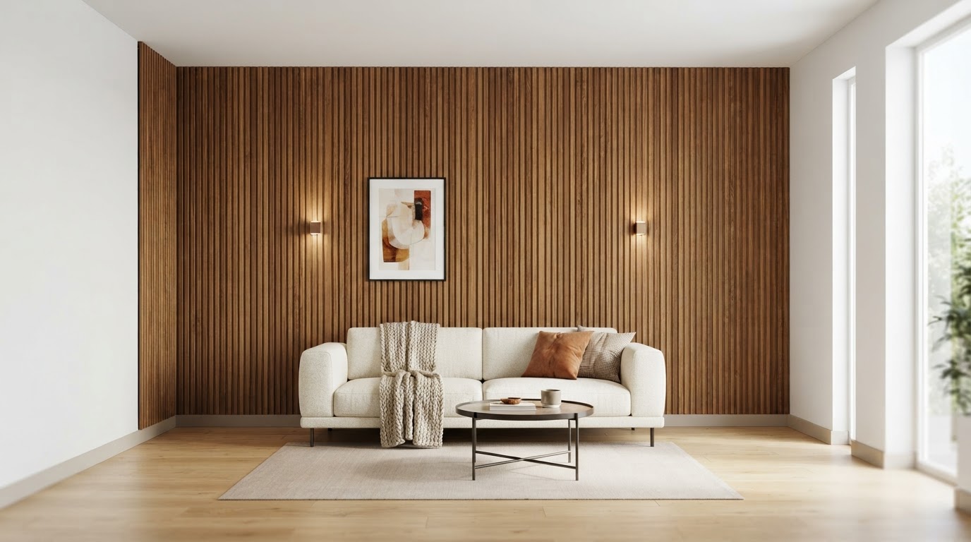Parede finalizada com Painel Ripado WPC Ipê e acabamento limpo