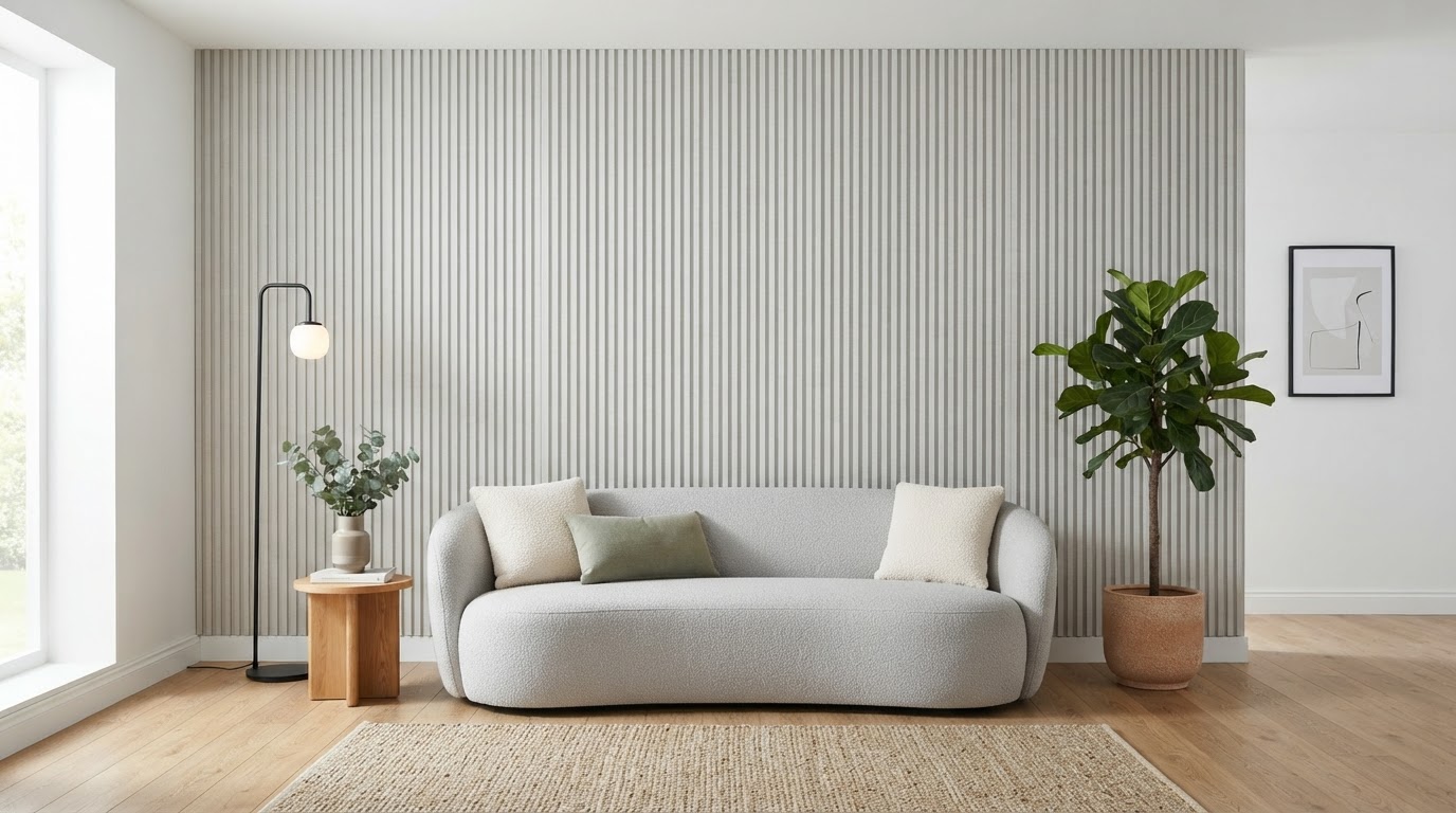 Parede finalizada com Painel Ripado WPC Linho Marfim e acabamento limpo