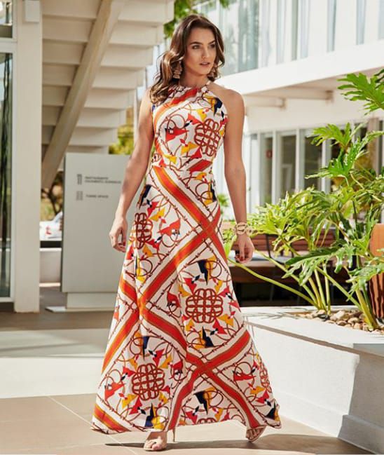 vestido de crepe estampado longo