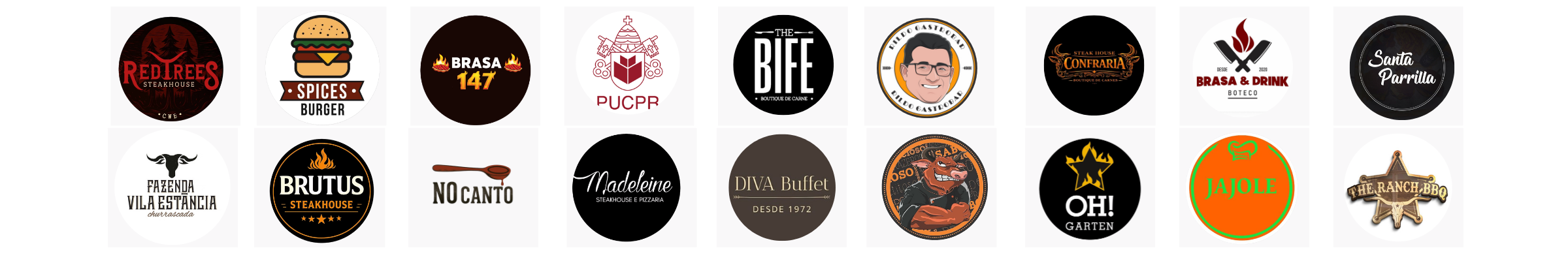 Logos de churrascarias, hamburguerias, buffets e instituições que usam equipamentos HotBox