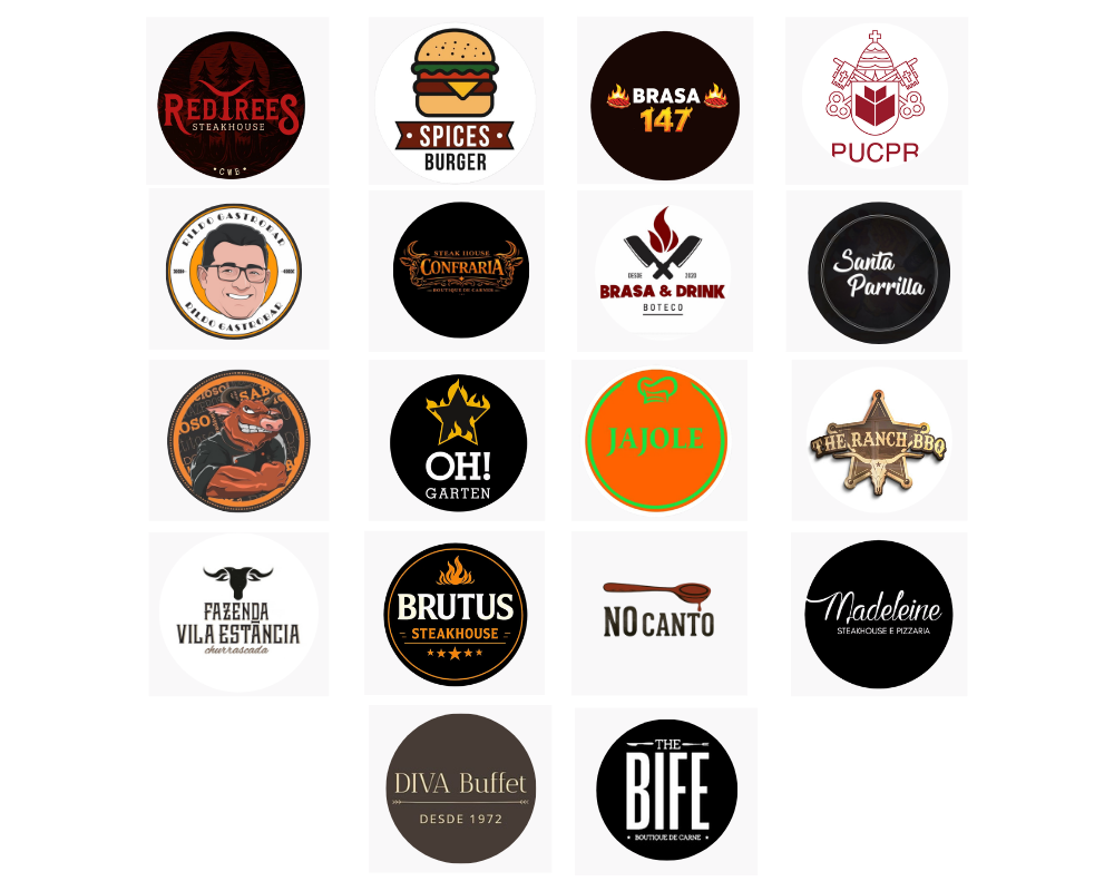 Logos de churrascarias, hamburguerias, buffets e instituições que usam equipamentos HotBox