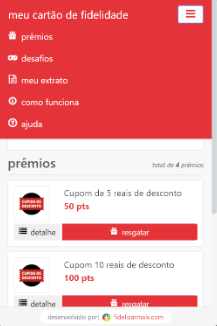 Tela inicial do cartão de fidelidade