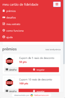 Menu de opções do cartão