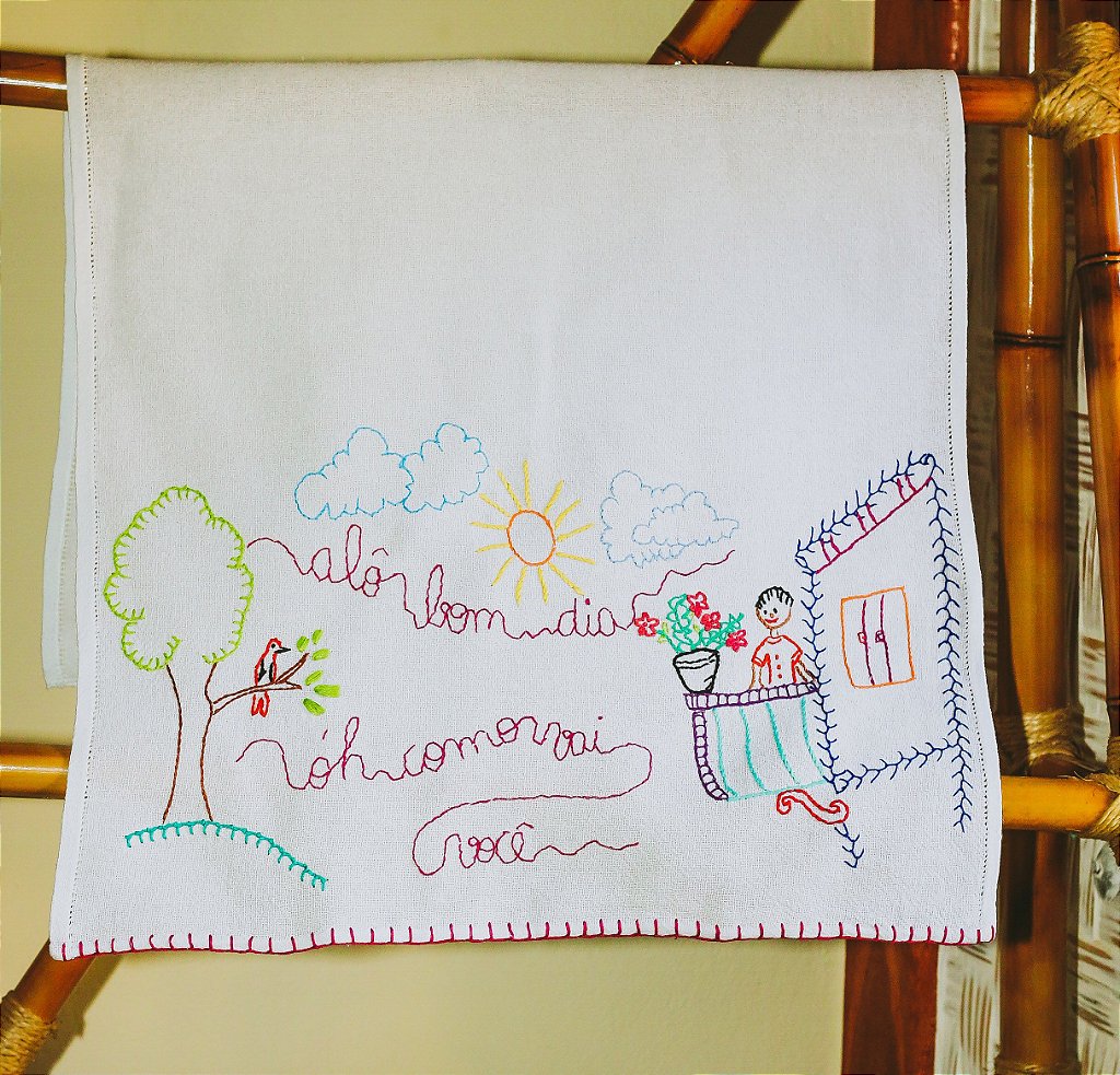 Pano de Prato Alô Bom dia - BORDADOS FINOS PICE LANNA – SOCIALMENTE SUSTENTÁVEL - FEITO A MÃO Pano de Prato Alô Bom dia - BORDADOS FINOS PICE LANNA – SOCIALMENTE SUSTENTÁVEL - FEITO A MÃO