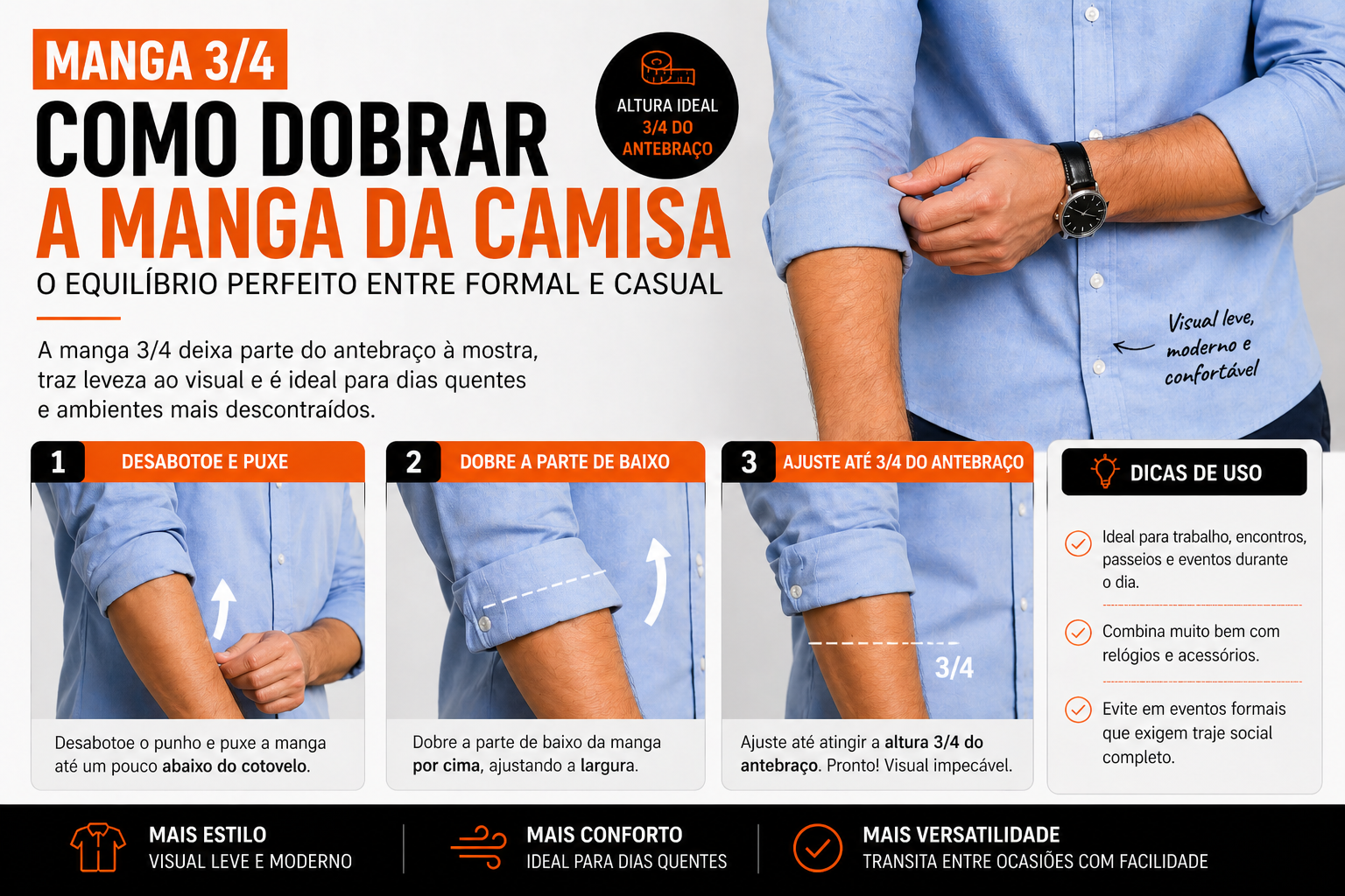 Camisa masculina com manga 3/4