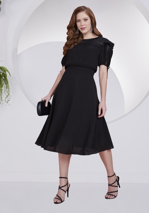 Vestido Midi Vestido Solto Preto Vestido Midi Godê Amarração Preto