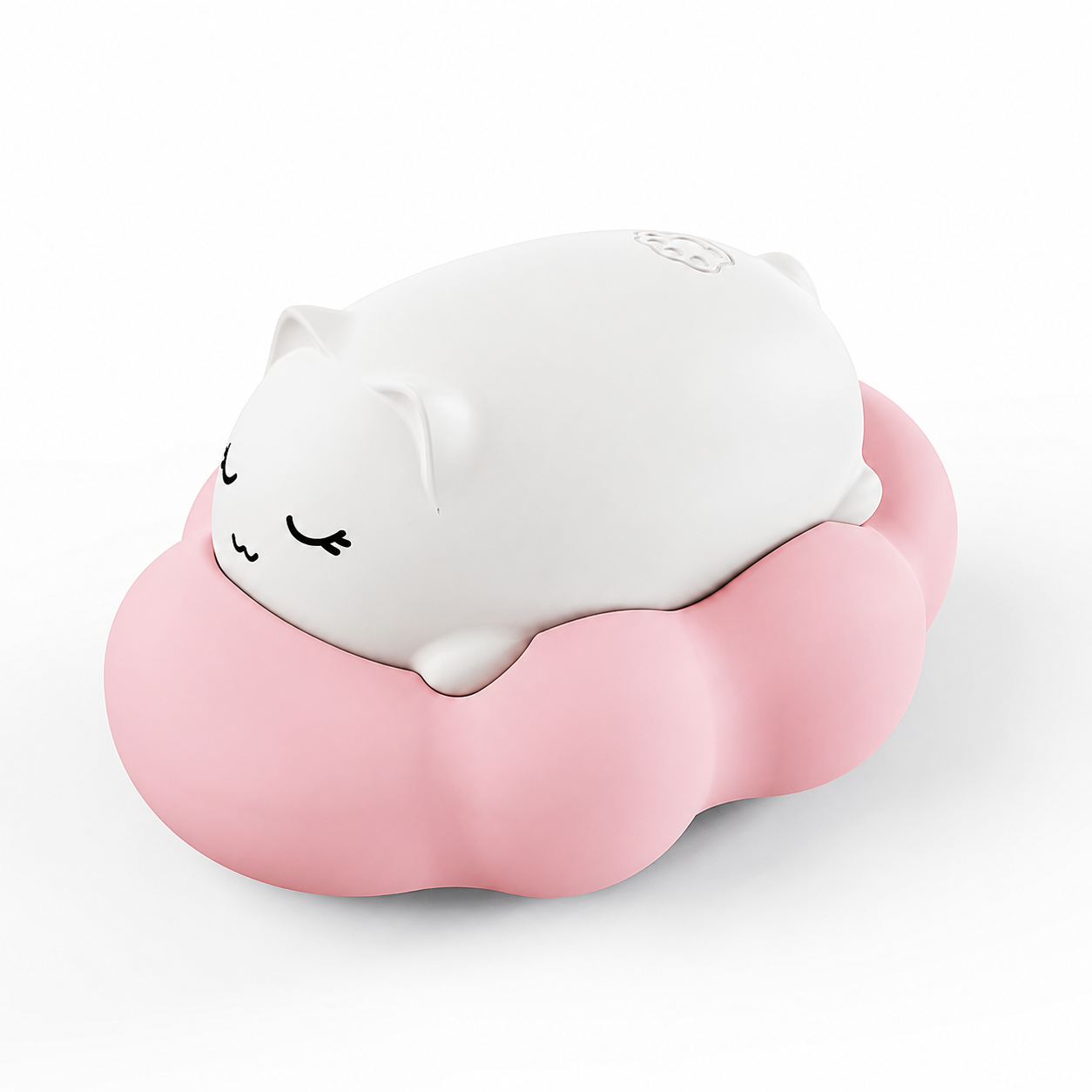 Mingau, sugador em formato de gatinho branco sobre uma nuvem rosa.