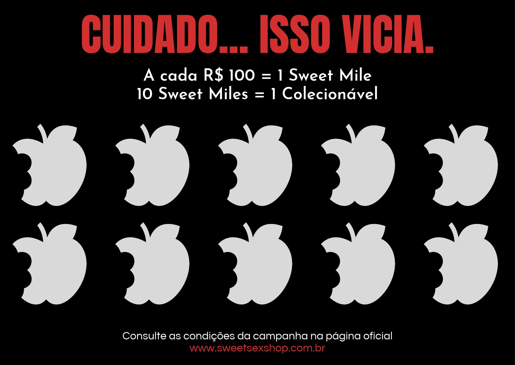 Verso do cartão com dez espaços para adesivos e a frase Cuidado… isso vicia.
