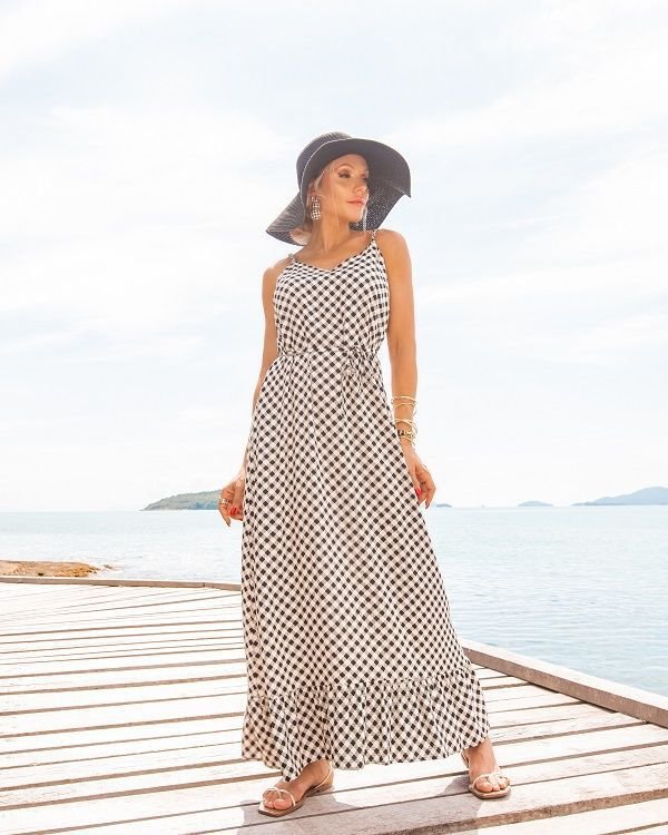 Vestido Sunset in Love - Xadrez Preto e Branco - FISCHPAN - VISTA SUA  HISTÓRIA