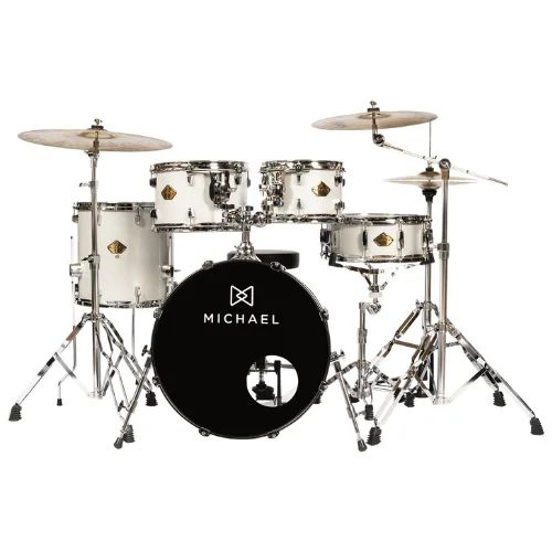 Bateria acústica Michael Legacy DML420 Sparkle Silver com ferragens e banco para bateristas intermediários