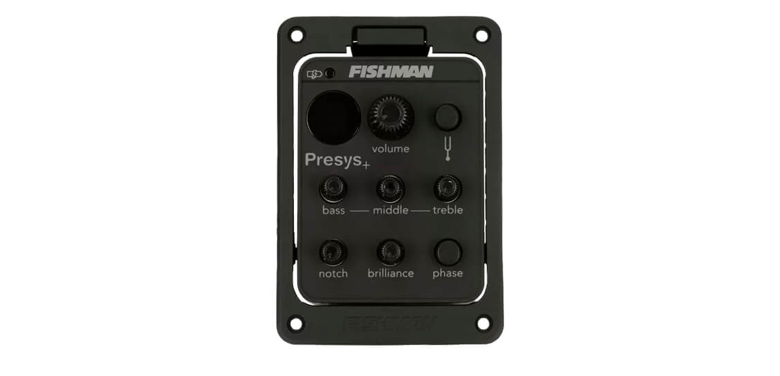 Detalhe do pré-amplificador Fishman ISYS+ com afinador