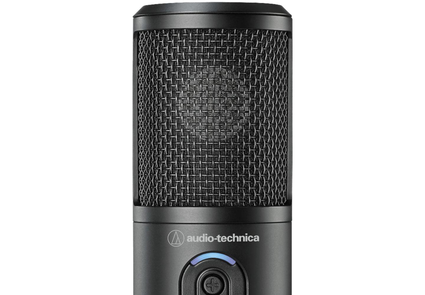 ATR2500x-USB montado em um braço articulado em um setup de streaming