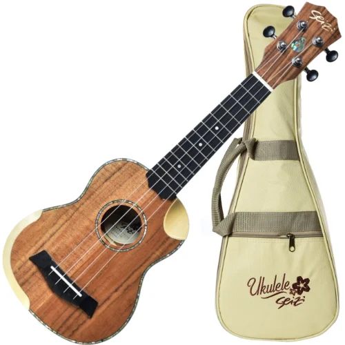 Ukulele acústico Seizi Bora Bora Crush Soprano Koa com bag half cutaway encordoamento Aquila e detalhes em abalone