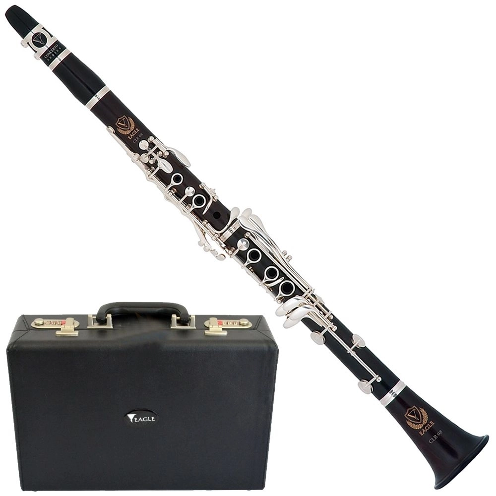 Clarinete Eagle CLR08 Ébano Sib com 17 Chaves Prateadas Sistema Boehm Acabamento Acetinado e Estojo Super Luxo