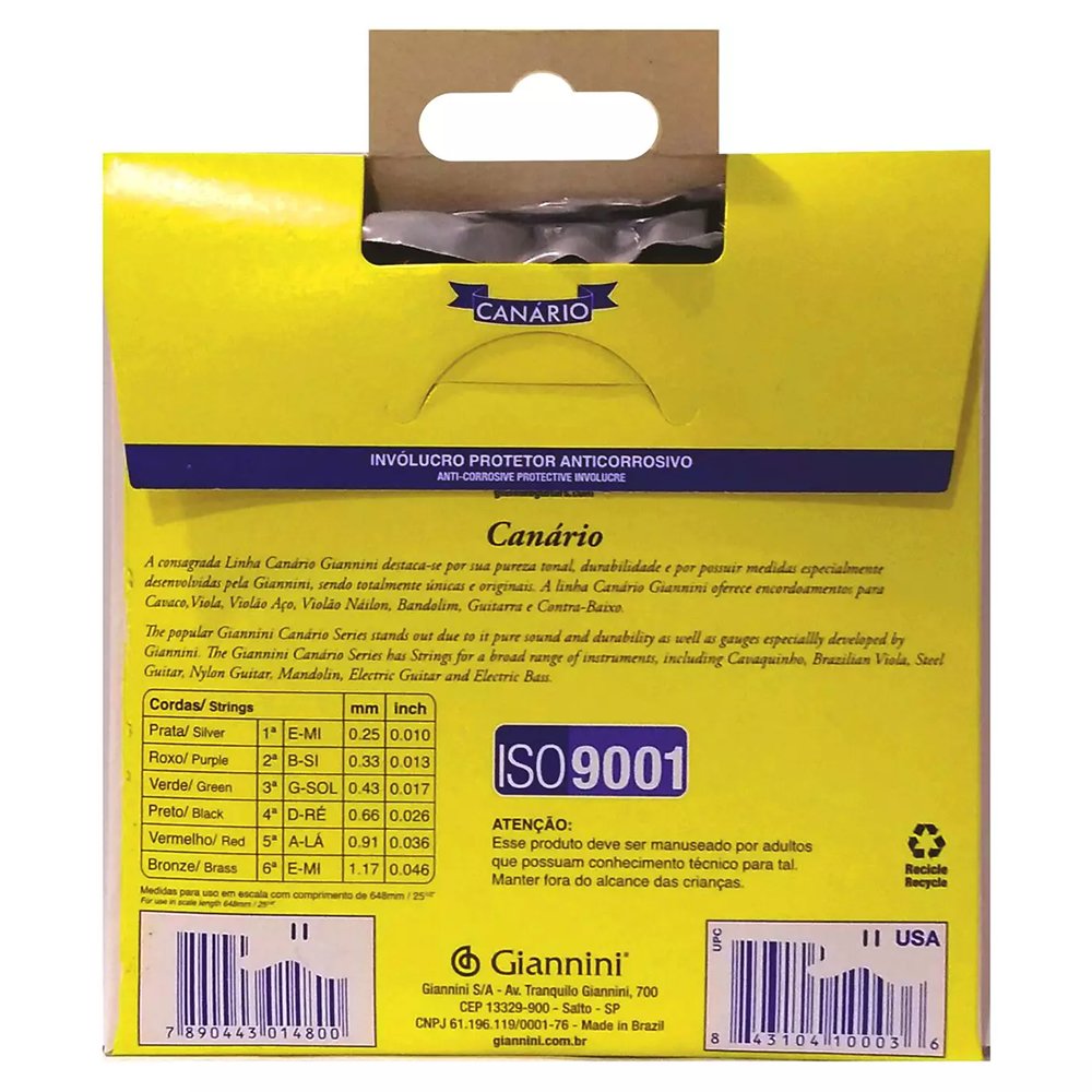 Encordoamento Guitarra 6 Cordas Giannini Canário GESGT10 (.010 – .046)