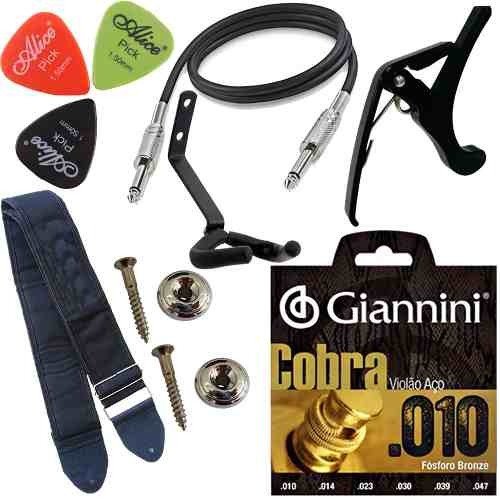 Kit Acessórios Para Violão C/ Correia Cabo Cordas Capotraste