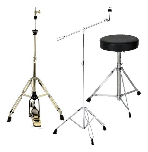 Kit Bateria C/ Estante Para Pratos + Banco + Máquina Chimbal
