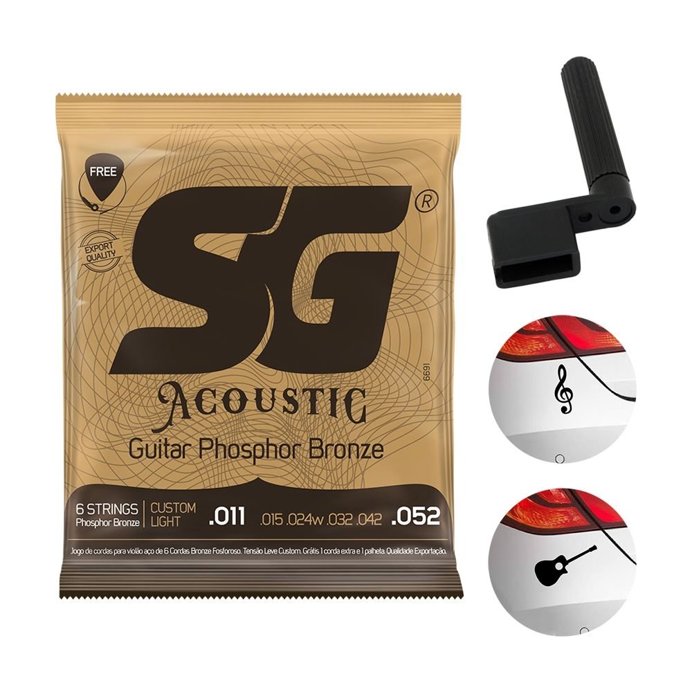 Kit Encordoamento SG Violão Aço 011 Phosphor Bronze + Encordoador + 2 Adesivos Pretos