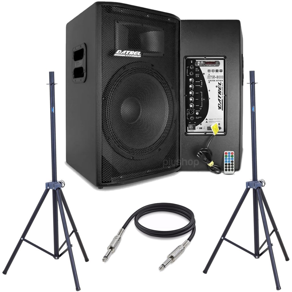 Kit Caixa De Som Datrel At15-300 Ativa + Passiva 600w + Tripe + Cabo